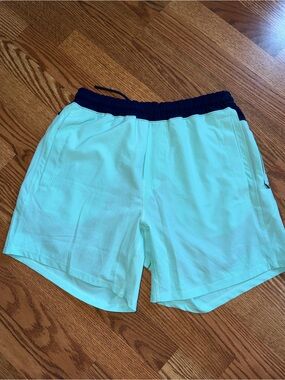 Men's Aqua Athletic Shorts with Navy Waistband Large 5”